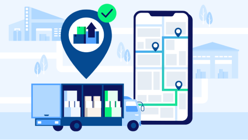 illustration of route optimization with delivery truck and mobile phone app